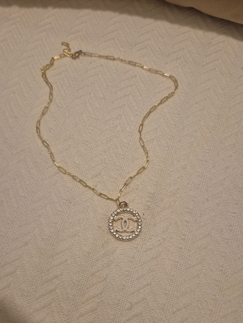Chanel Gold-Tone Chain Necklace with Crystal-Studded Logo Pendant